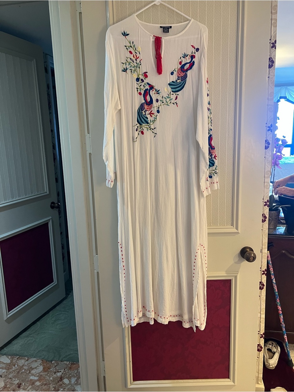 White Embroidered Maxi Dress with Multicolor Folk Motifs